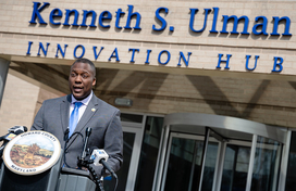 A photo of County Executive Calvin Ball at his March 4, 2025 press conference to announce new support for impacted federal workers and contractors.