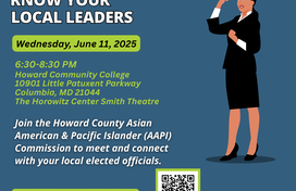 A blue, white, and green flyer featuring a graphic of a woman in a business suit. Onscreen text reads: Know Your Local Leaders, Wednesday, June 11, 2025.