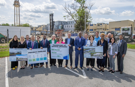 A photo of County Executive Calvin Ball and attendees at a press conference to announce Tradepoint Atlantic is establishing a new location in Howard County.