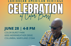 Yellow and green banner for the Caribbean American Heritage Celebration on June 28 at Color Burst Park