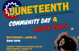 A blue flyer with green and gold text with a Black woman with throwing her head back and laughing