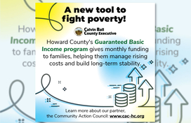 A graphic about the County's new Guaranteed Basic Income pilot program giving monthly funding to participating families to help them manage rising costs and build long-term stability.