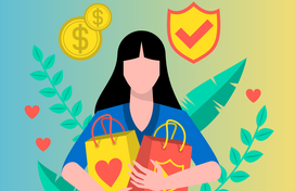 A graphic of a woman holding shopping bags with coins and a check mark above her head. 