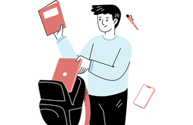 An illustation of a student pulling out a textbook from their backpack