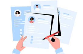 A graphic showing someone reviewing a resume. 