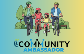 A graphic of four people riding bicycles over a "Community Ambassador" logo