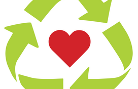 Recycle symbol with a red heart in the middle for DCRS' pre-loved giveaway event