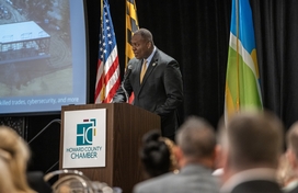 County Executive Calvin Ball at the podium delivering his 2026 State of Business address to the Howard County Chamber of Commerce and attendees at its annual luncheon event.
