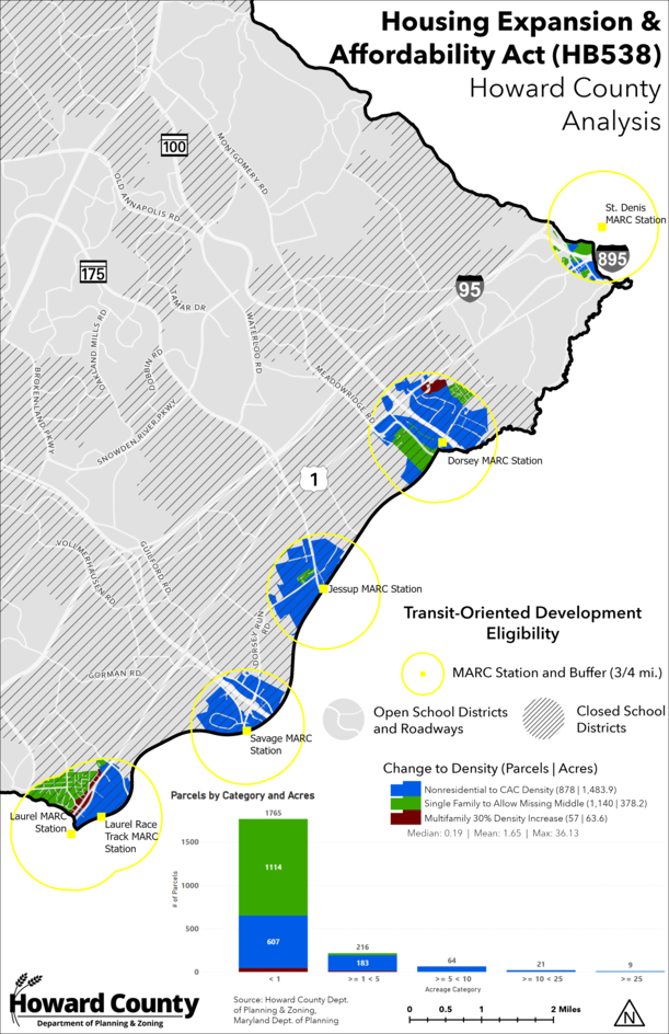 Howard County map identifying potential transit-oriented development eligibility relative to HB538