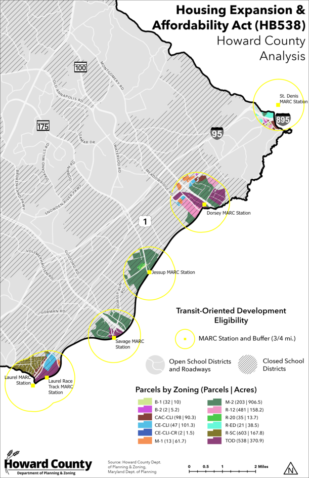 Howard County map identifying potential transit-oriented development eligibility buffer zoning relative to HB538