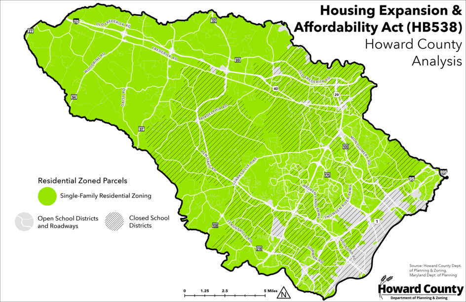 Howard County map identifying Single Family Residential Zoning relative to HB538