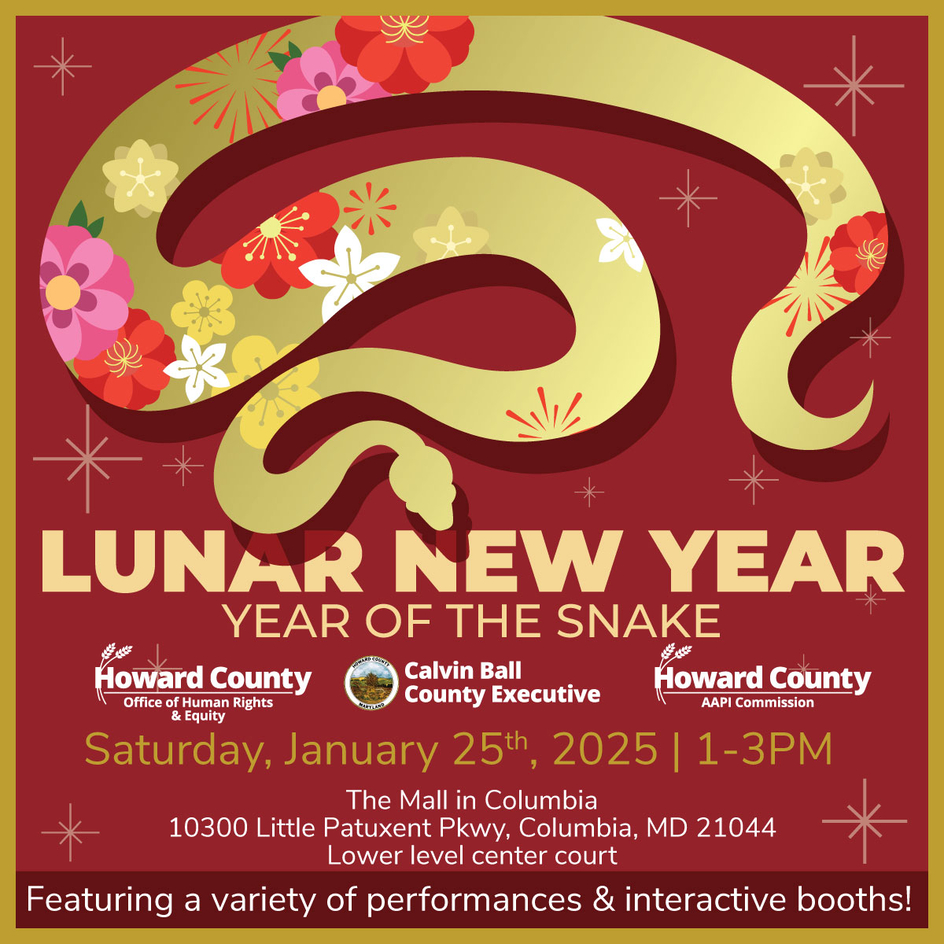 Lunar New Year flyer with a snake and information about the event. Featuring OHRE, County Executive, and AAPI Commission logos. 
