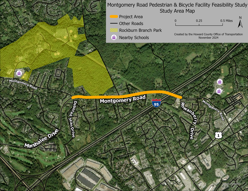 A map of the Montgomery Road bike & ped facility feasibility study area. It shows Montgomery Road between Deborah Jean Drive and Rowanberry road, as well as nearby Rockburn Branch Park and schools.