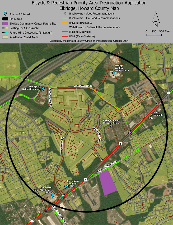 A map of the Elkridge Bicycle & Pedestrian Priority Area. The area includes the Elkridge Branch Library & 50+ Senior Center, Elkridge Elementary School and Elkridge Landing Middle School, various shopping centers and restaurants, and highly populated neighborhoods in the Elkridge area. also shows the site of the future Elkridge Community Center.