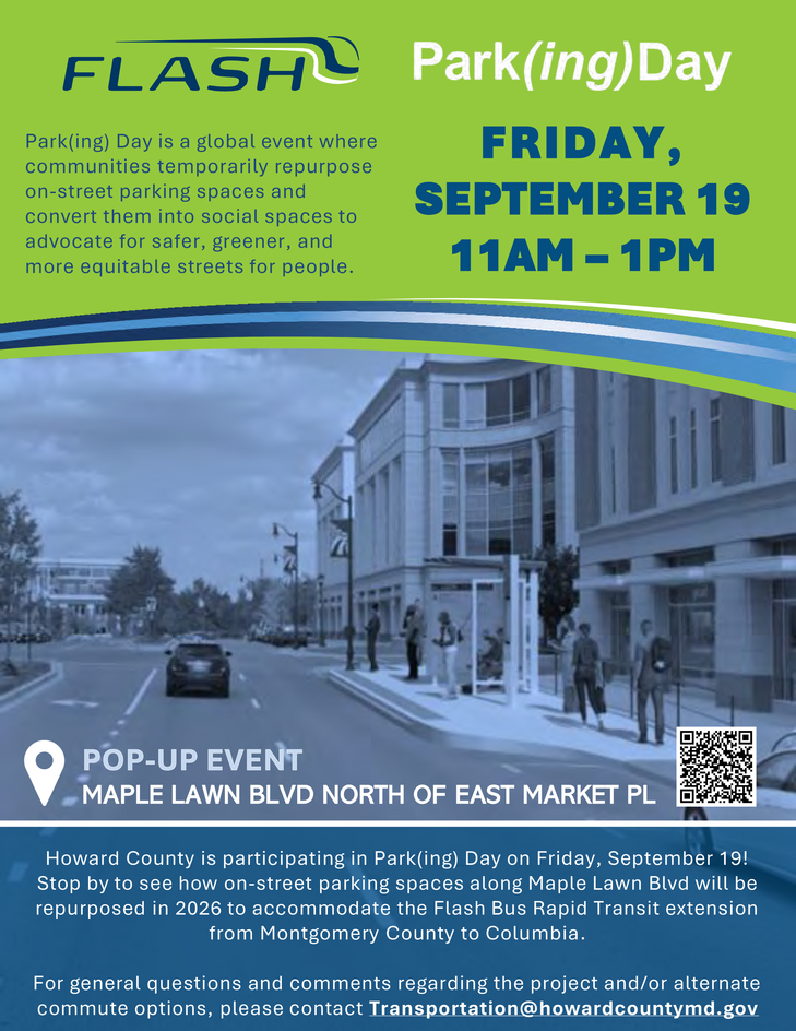 Flyer providing information on a pop-up event to present Flash BRT information on Park(ing) Day 2025