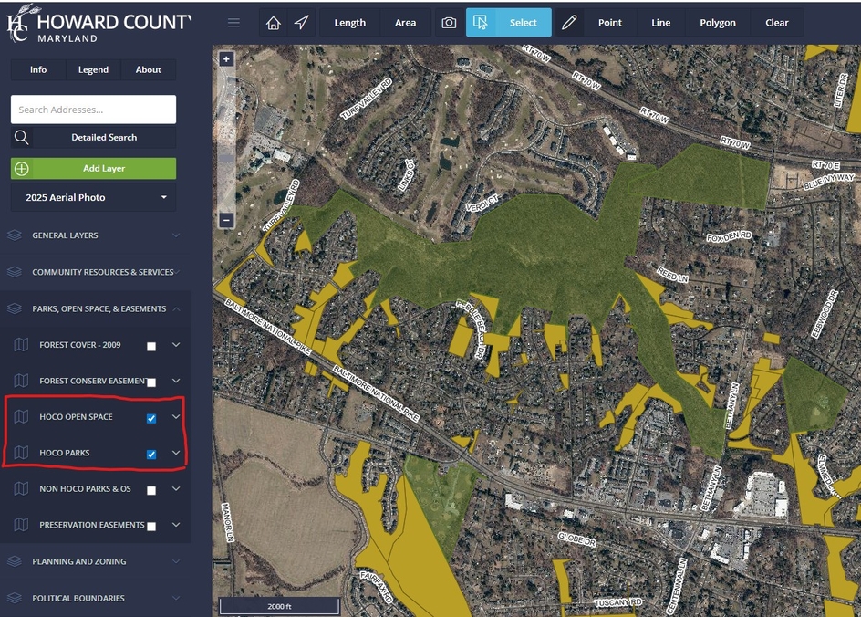 Screenshot of Howard County Interactive Map with Parks and Open Space Highlighted