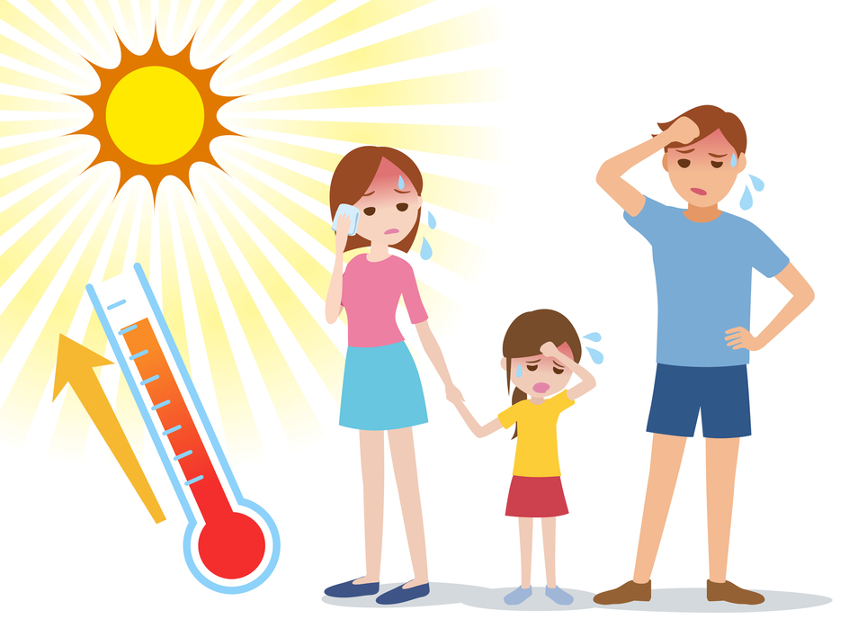 Illustration of a family sweating under a hot sun with a thermometer showing high temperatures, indicating heat and discomfort.