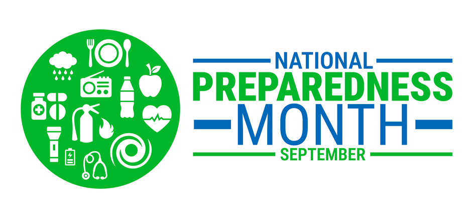 National Preparedness Month logo with emergency, health, food, and safety icons in a green circle beside blue and green September text.
