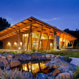 Robinson Nature Center at dusk with front pond