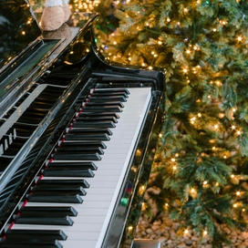 Piano with lit Christmas tree in the background.