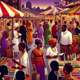 A variety of people in African dress shop at an open-air market. 