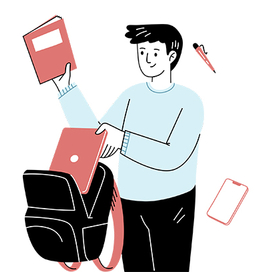 An illustation of a student pulling out a textbook from their backpack