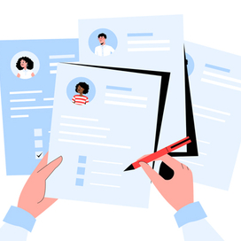 A graphic showing someone reviewing a resume. 