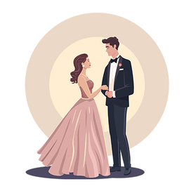 An illustrated couple wearing elegant clothing dancing