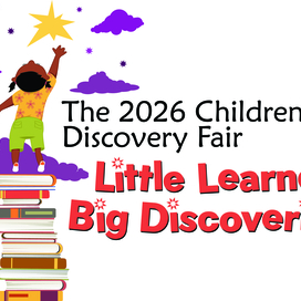 Children's Discovery Fair 2026 logo with a child on a stack of books