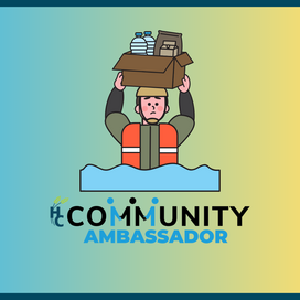 A graphic image of a person with short hair wearing an orange emergency vest holding a cardboard box with emergency items over their head. 