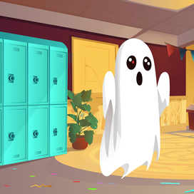 Cartoon ghost in a school hallways