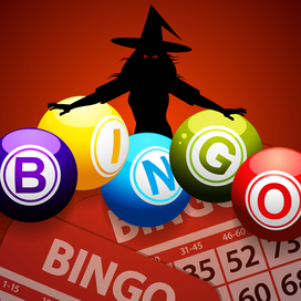 Bingo Halloween Red Background with Black Silhouette of a Creepy Witch Bingo Balls and Bingo Cards